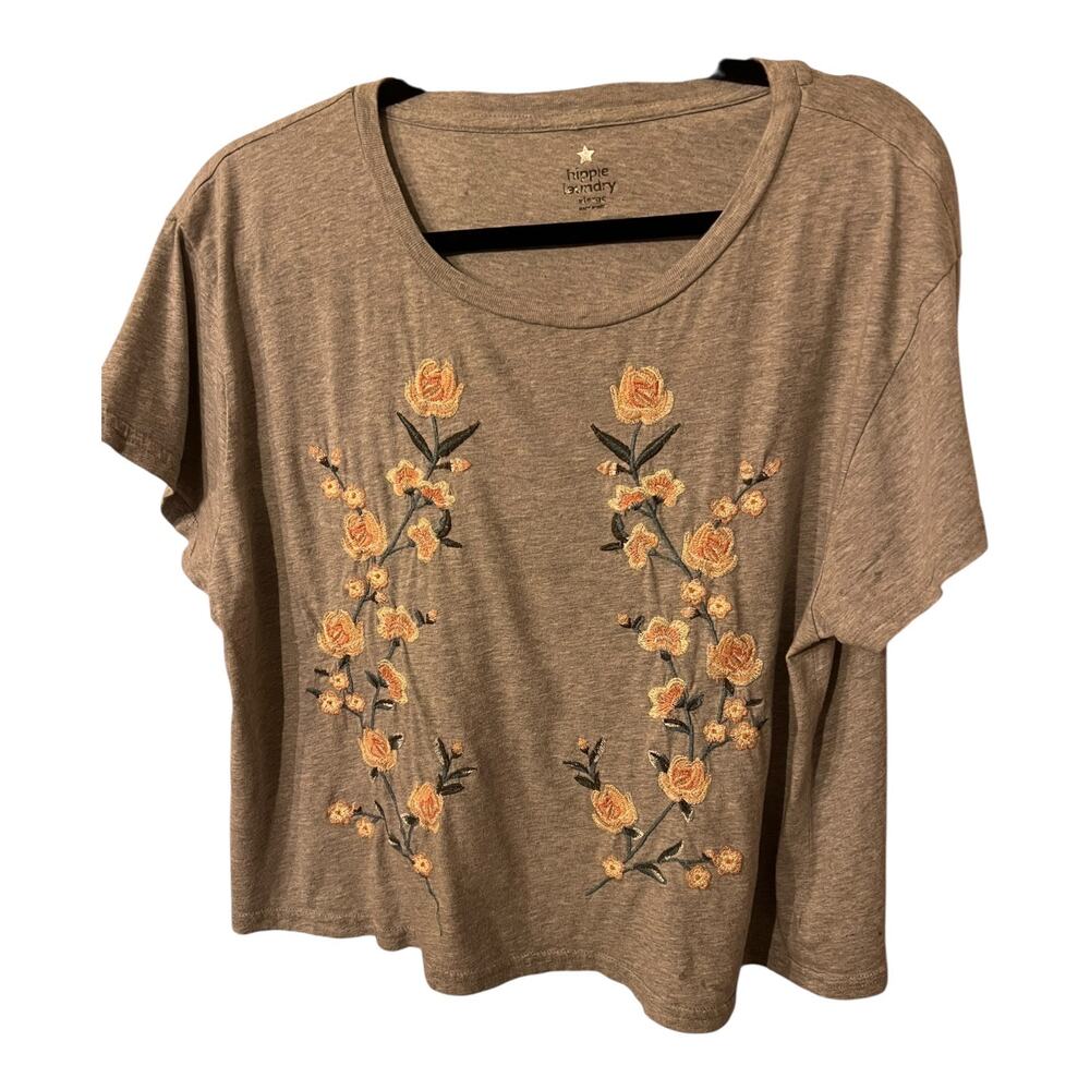 Hippy Laundry Gray Cropped T-Shirt Embroidered Peach Green Tan Size XL Boho Tee